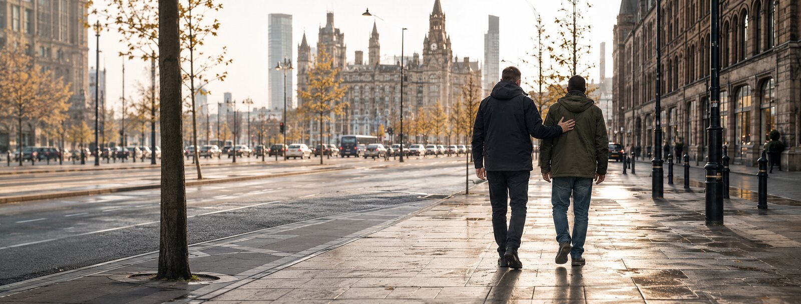 A support worker walking alongside a person in Manchester